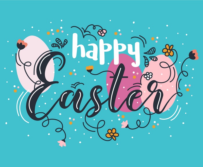 Happy Easter lettering with eggs and flowers