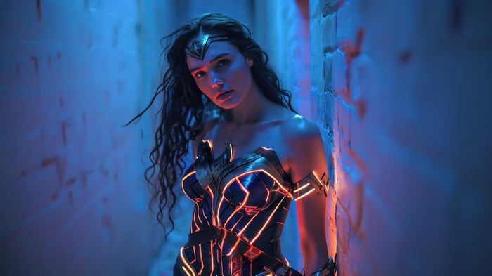 Wonder Woman in a neon-lit alley