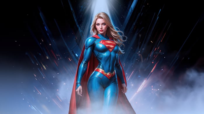 Supergirl in a blue and red suit with a red cape