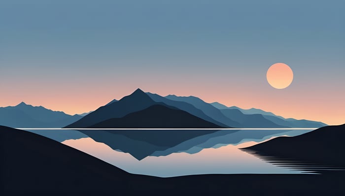Minimalist landscape with mountains and lake at sunset
