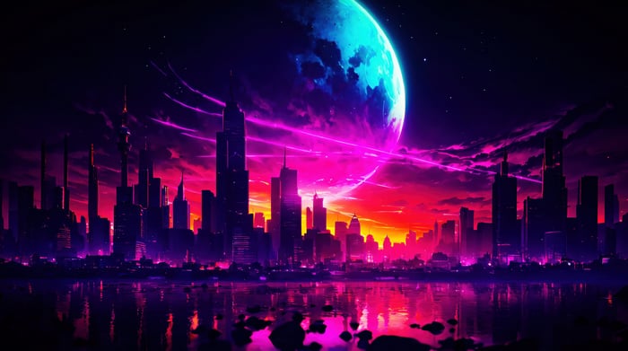 Cyberpunk Cityscape with Large Moon