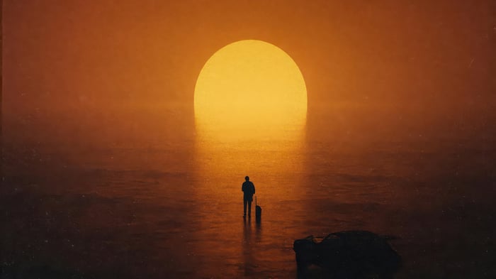 Man with suitcase walking towards the sun