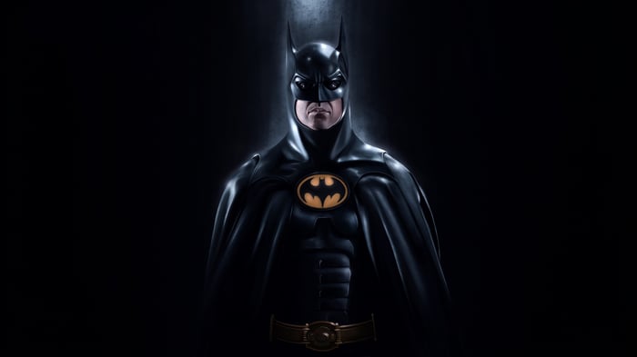 Michael Keaton as Batman in a dark suit