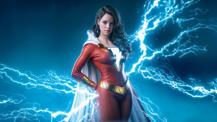 Mary Marvel surrounded by blue lightning