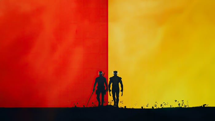 Deadpool and Wolverine silhouettes on red and yellow background