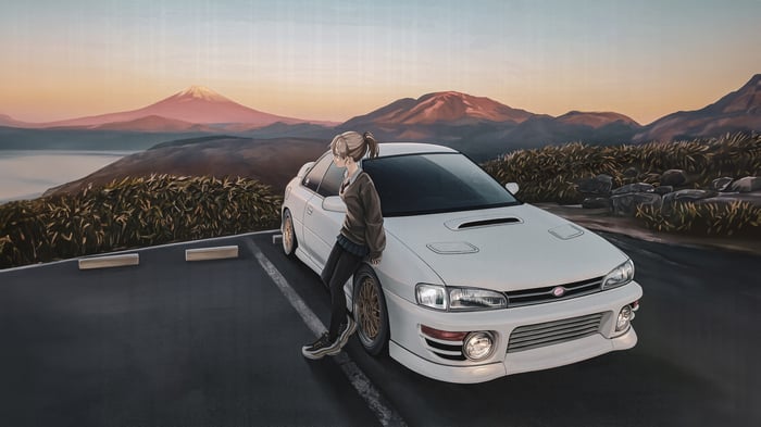 Anime girl leaning on a white Subaru Impreza with Mt. Fuji in the background