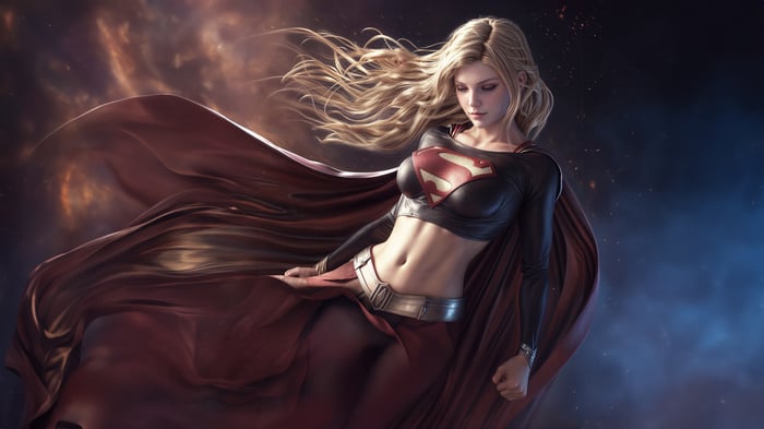 Supergirl with flowing cape and red S-shield