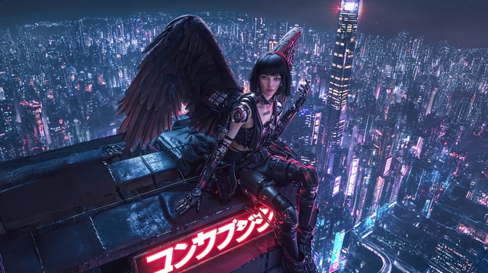 Cyberpunk Girl with Dark Wings on High Tech Cityscape