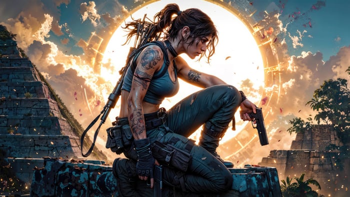 Lara Croft in front of a glowing portal