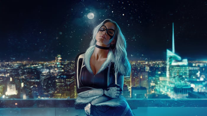 Sydney Sweeney as Black Cat overlooking a city at night