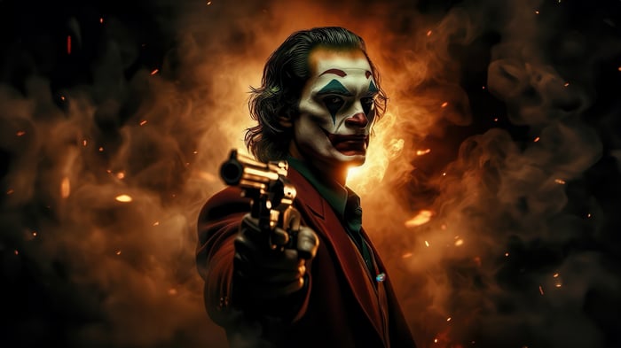 Joker holding a gun with fire and smoke