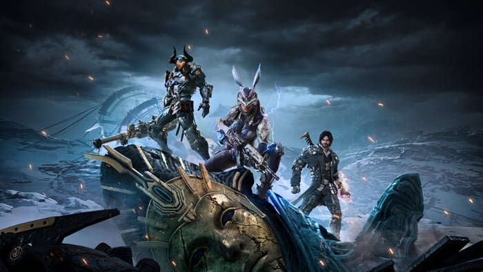 The First Descendant characters on a giant statue