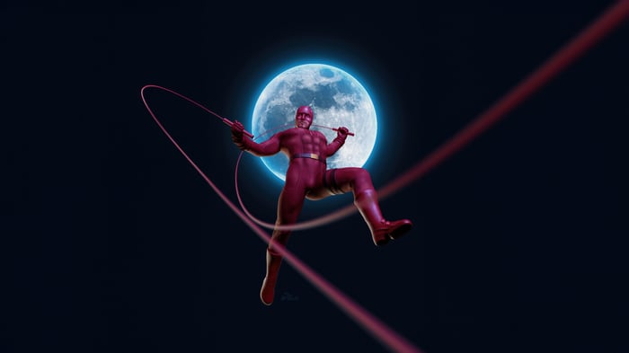 Daredevil swings with his billy clubs in front of the moon