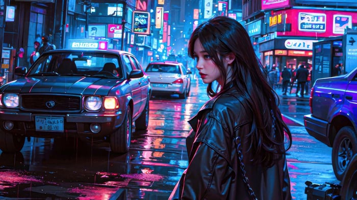 Girl in a leather jacket in a neon city at night