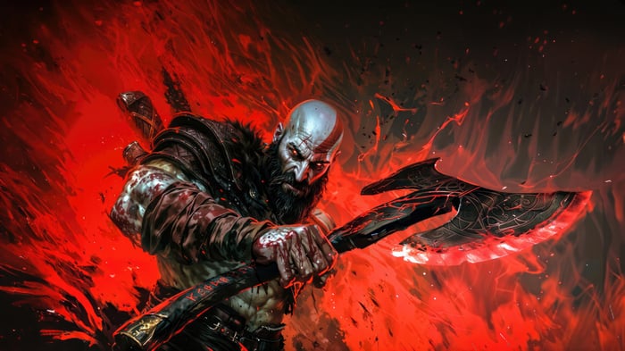 Kratos with Leviathan Axe in Red Flames