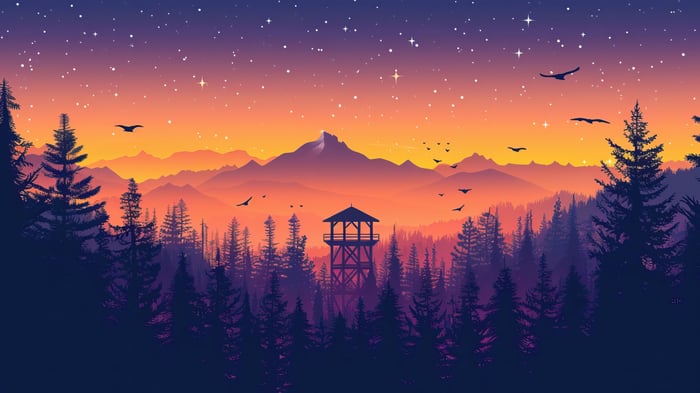 Firewatch Minimalist Forest Landscape with Tower