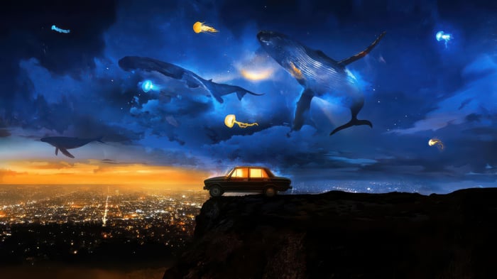 Whales and Jellyfish Soar Above a Cityscape