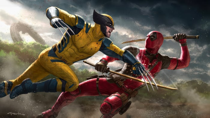 Wolverine and Deadpool fighting with swords