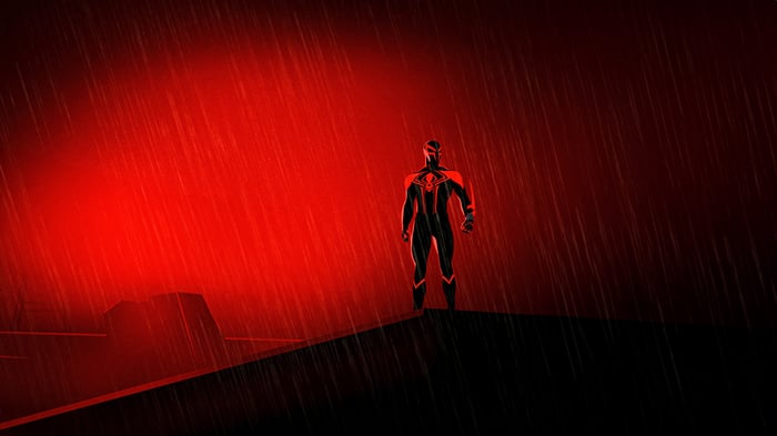 Spider-Man 2099 standing in the rain