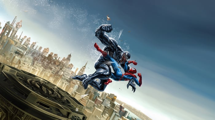 Spider-Man and Venom fight above a city