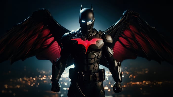 Batman Beyond with red wings and glowing eyes