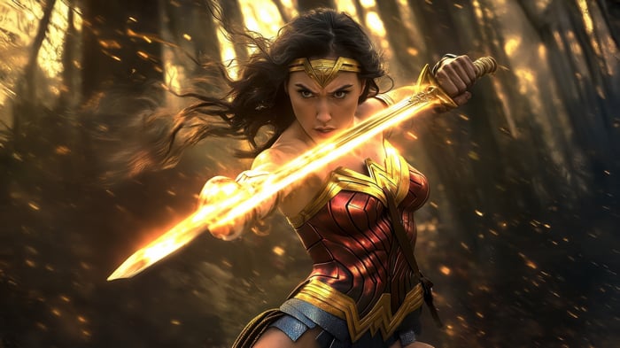 Wonder Woman with glowing sword in forest
