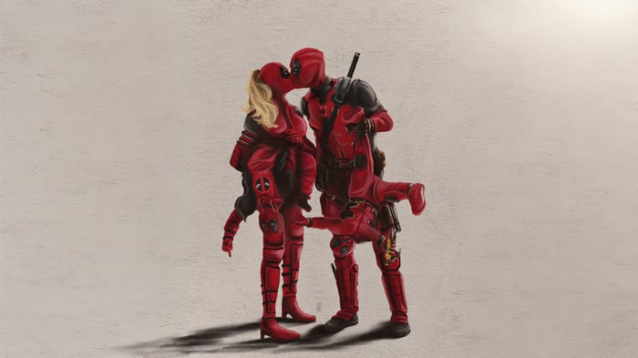 Deadpool and Lady Deadpool with children
