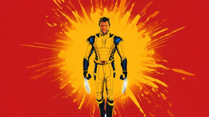 Wolverine in his yellow and blue suit with claws extended