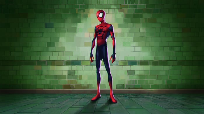 Spider-Man Standing in Front of a Green Brick Wall