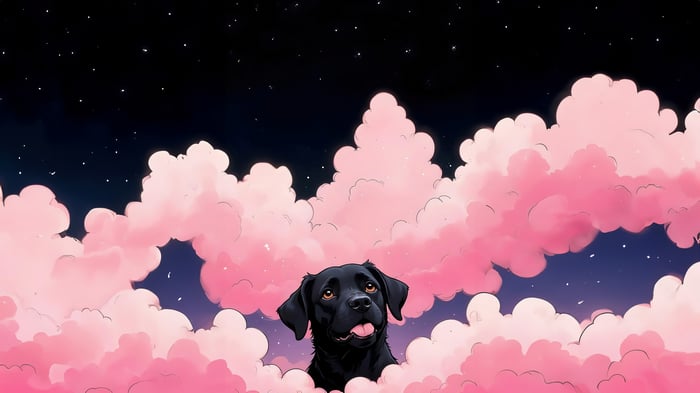 Black dog in pink clouds under starry sky