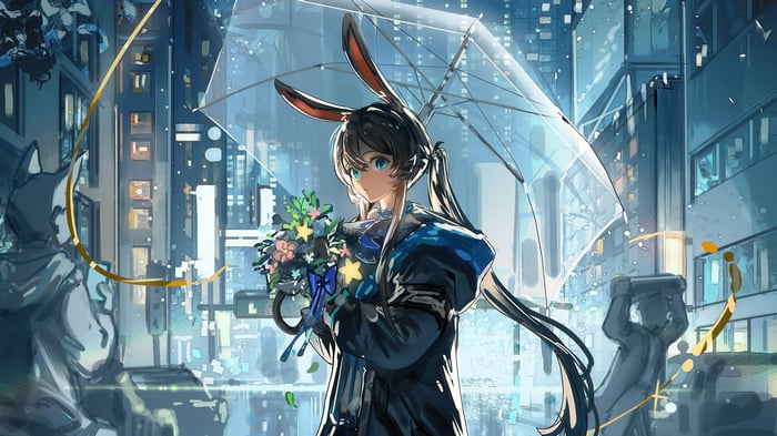 Anime girl with bunny ears holding flowers in the rain