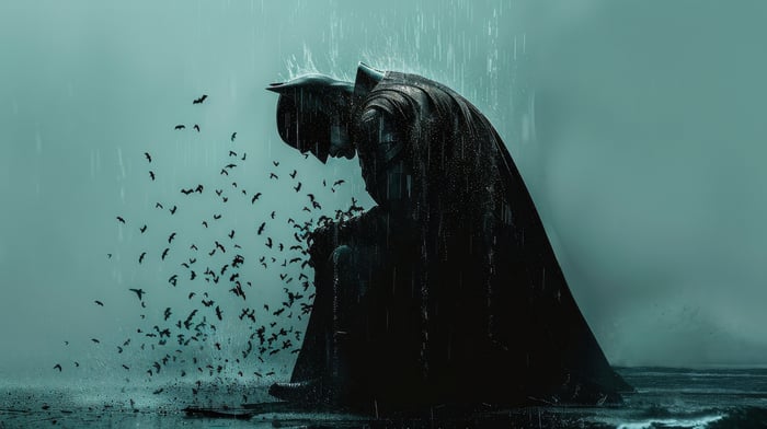 The Batman Sitting in the Rain with Bats