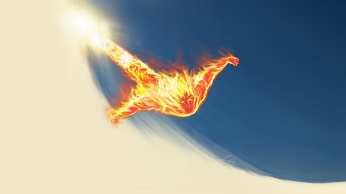 Human Torch flying through the sky