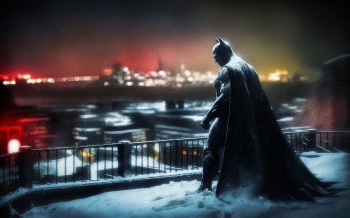 Batman standing on a snowy rooftop overlooking a city