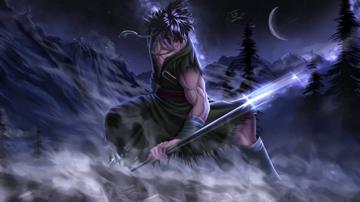 Miyamoto Musashi in a dark, misty mountain landscape