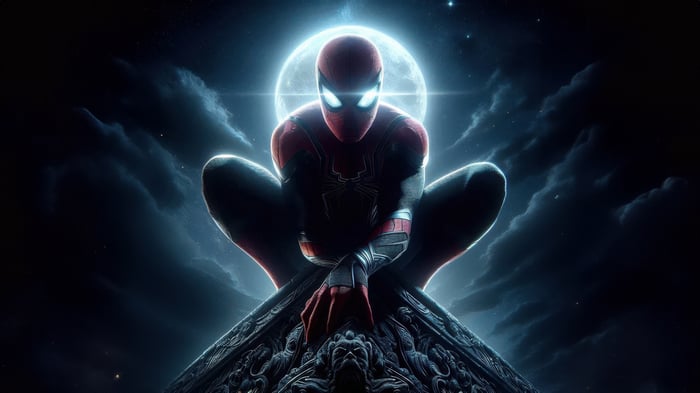 Spider-Man Crouching on a Stone Structure Under the Moon