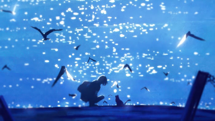 Girl and cats by the sparkling water