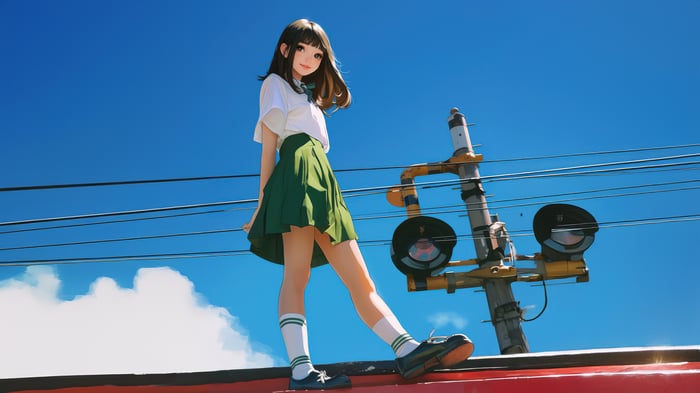 Girl on a train track with a railroad crossing signal