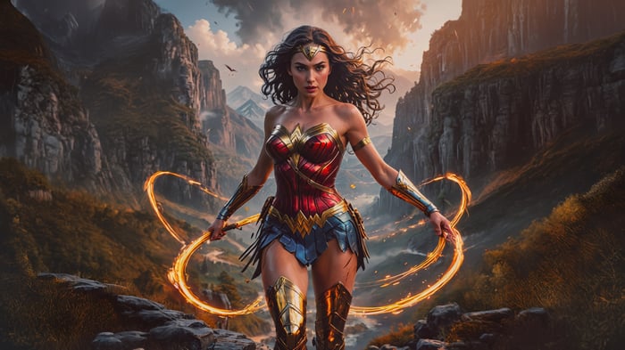 Wonder Woman with Lasso of Truth in Mountains