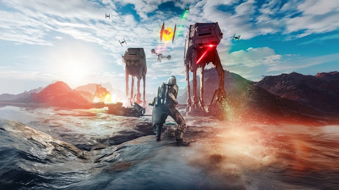 The Mandalorian and AT-AT Walkers in Battle