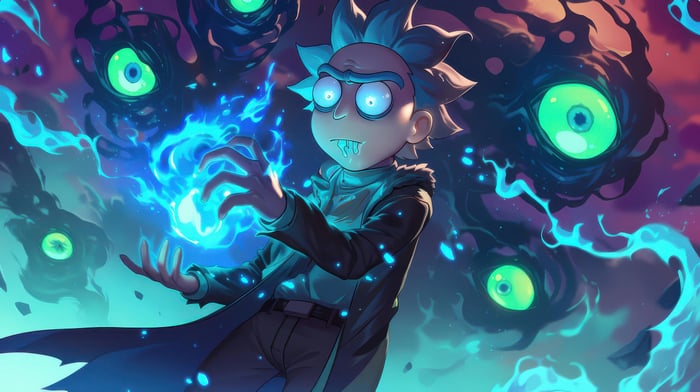 Rick Sanchez casting blue energy in Infinite Realms