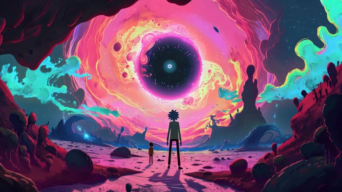 Rick and Morty in a psychedelic alien landscape