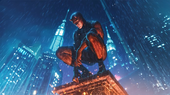 Daredevil Crouching on a Ledge in Rainy New York City