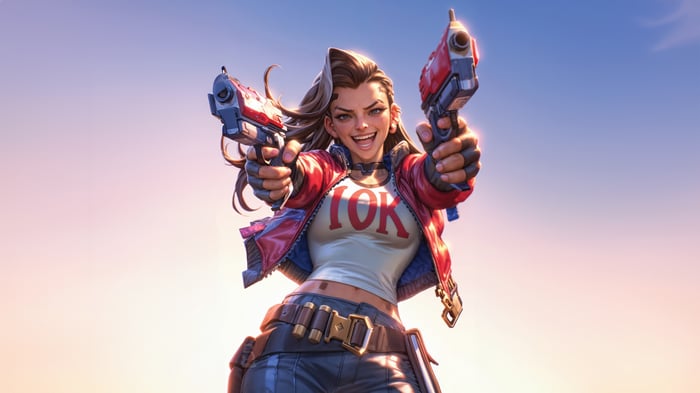 Woman with two guns and '10K' shirt