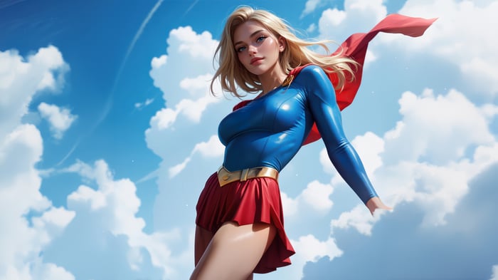 Supergirl in a blue and red costume flying