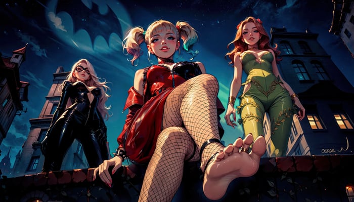 Harley Quinn, Poison Ivy, and Catwoman on a rooftop