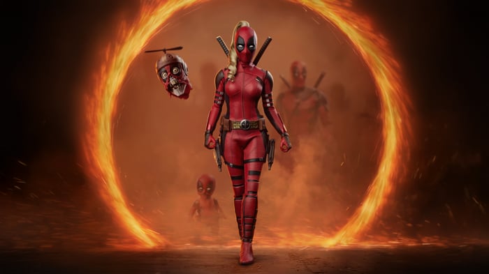 Lady Deadpool and friends in a fiery portal