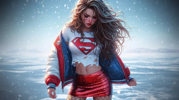 Supergirl in a snowy landscape