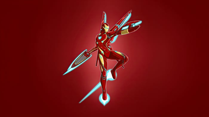 Iron Man in a dynamic pose with energy wings and sword