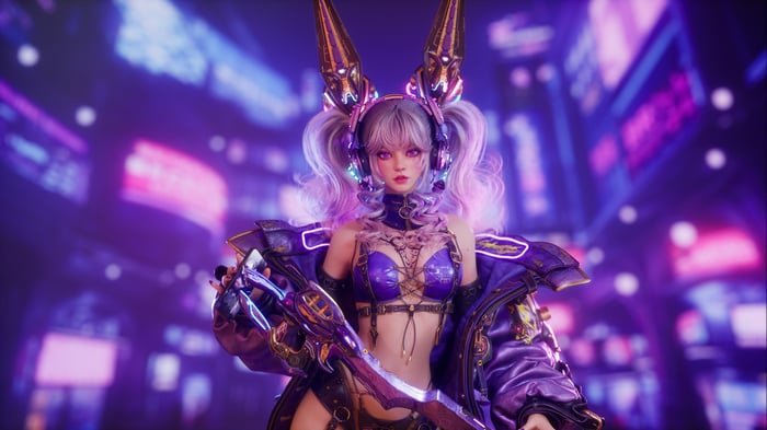 Cyberpunk warrior with bunny ears and gun